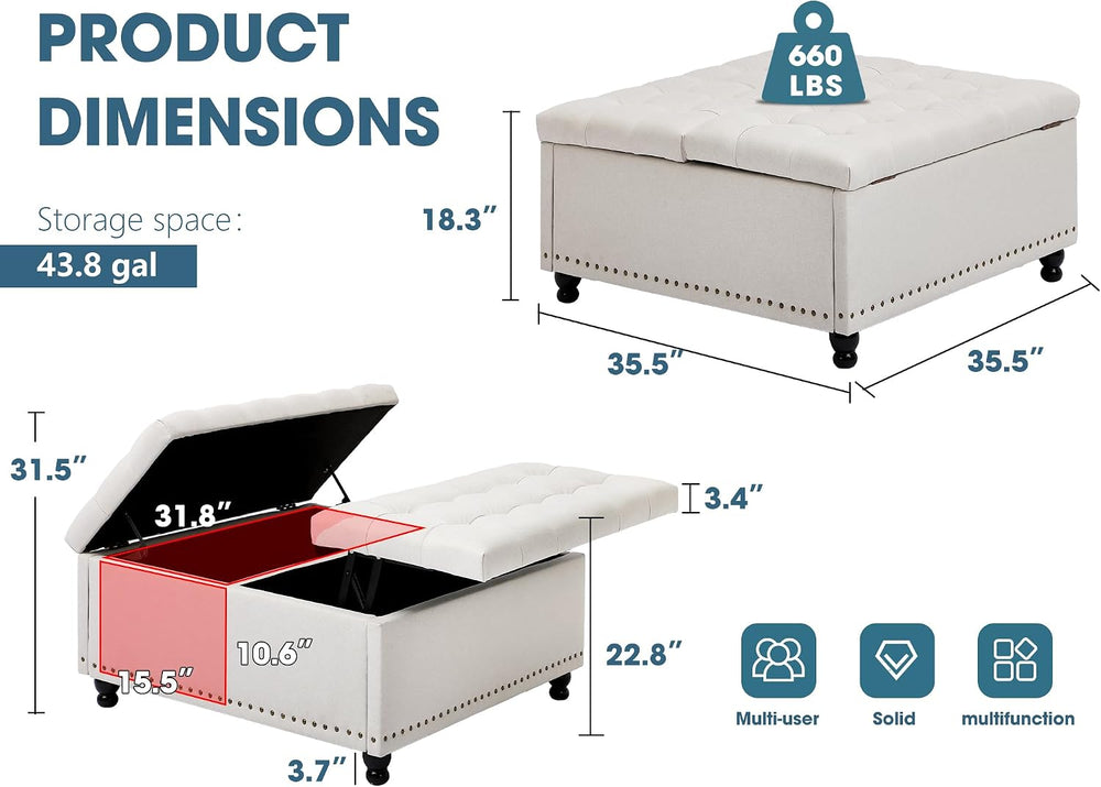 Grepatio 35.5" Large Square Storage Ottoman, Lift Top Ottoman Square Ben...