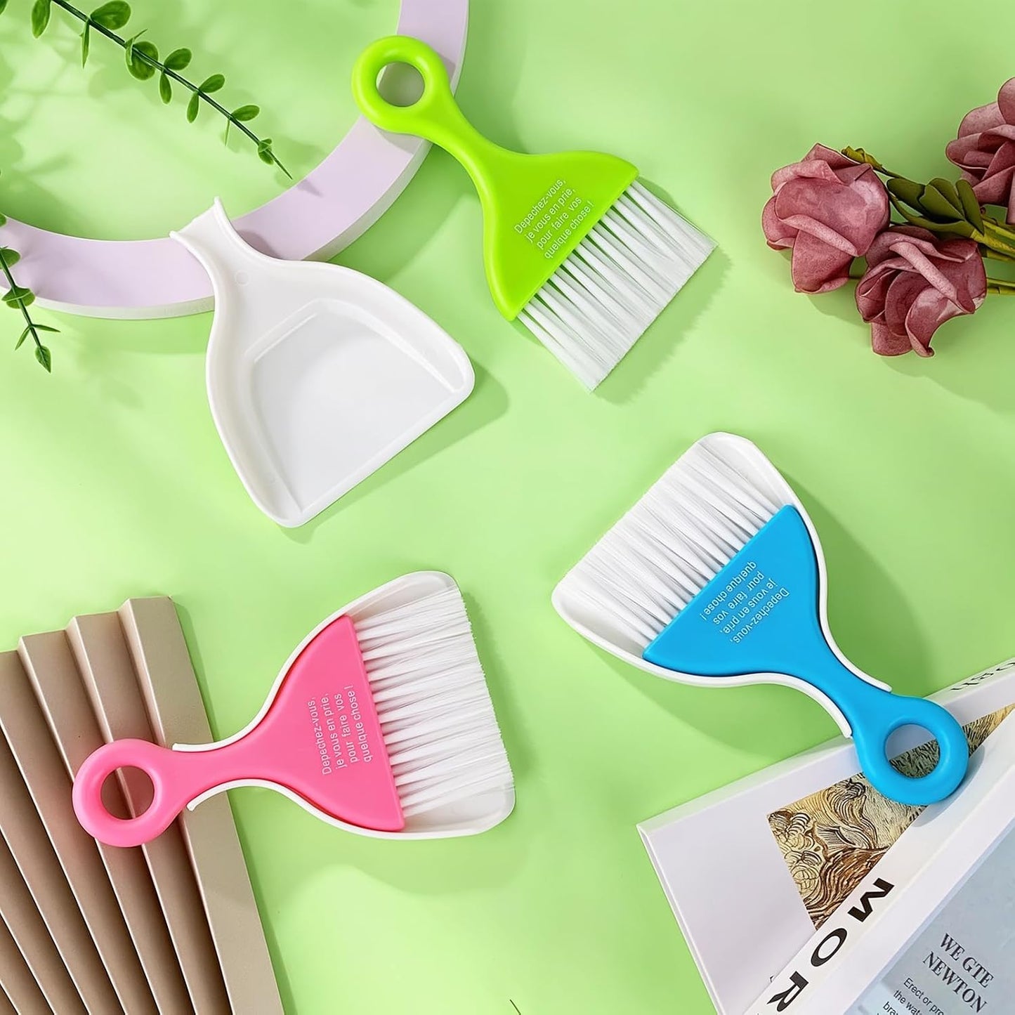 ZUFECY Mini Broom and Dustpan Set 3 Pack, Small Handheld Sweeper for Car Desk Keyboard and Pet Cage, Portable Cleaning Kit with Soft Bristles and Hang Hole in Pink Mint Blue