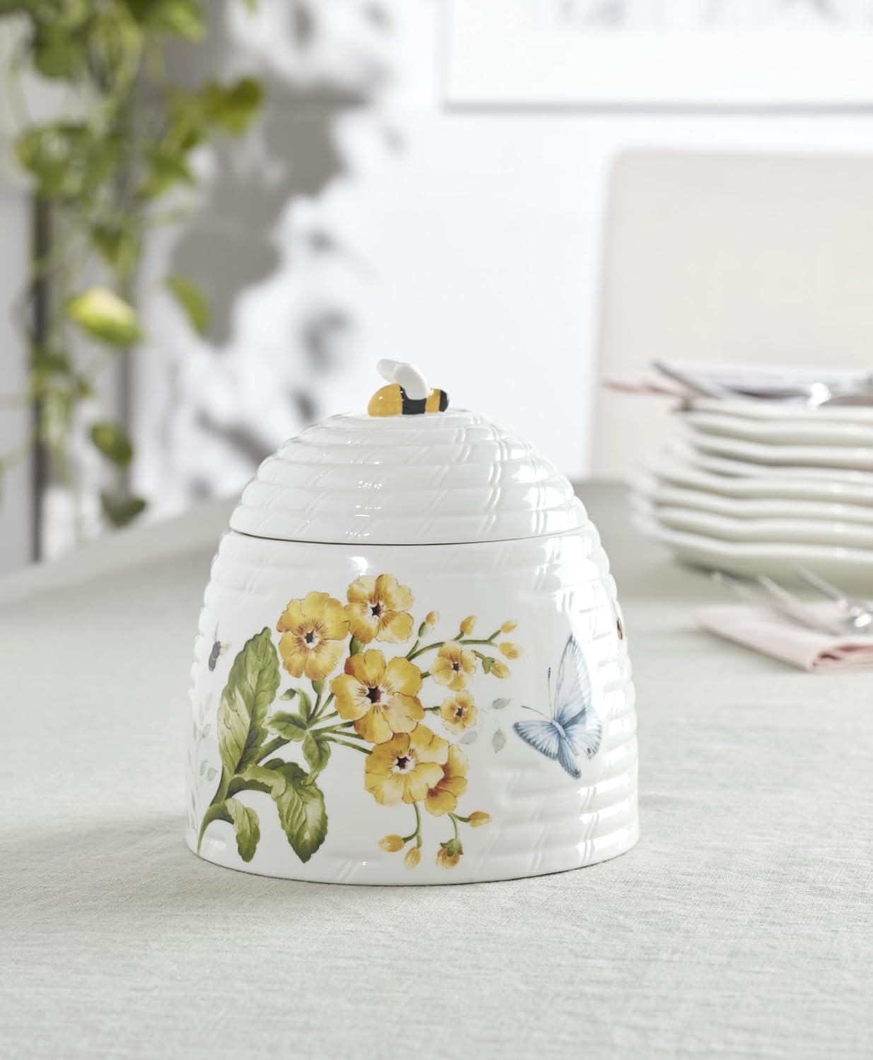 Lenox Butterfly Meadow Beehive Candy Jar | porcelain, dishwasher safe | butterfly and floral design | pantry storage and table decor accent, cookie jar and candy dish
