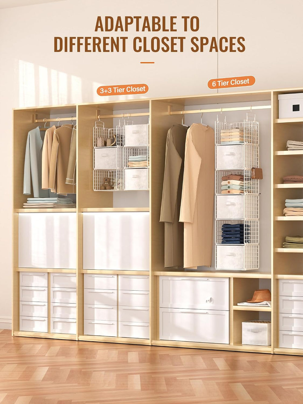 Closet Hanging Organizer with Drawers, 6 Tier Metal Closet Organizers and Sto...