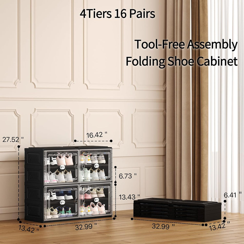 16 Pairs Foldable Shoe Rack Storage Cabinet with Heavy-Duty Design (Vertical ...