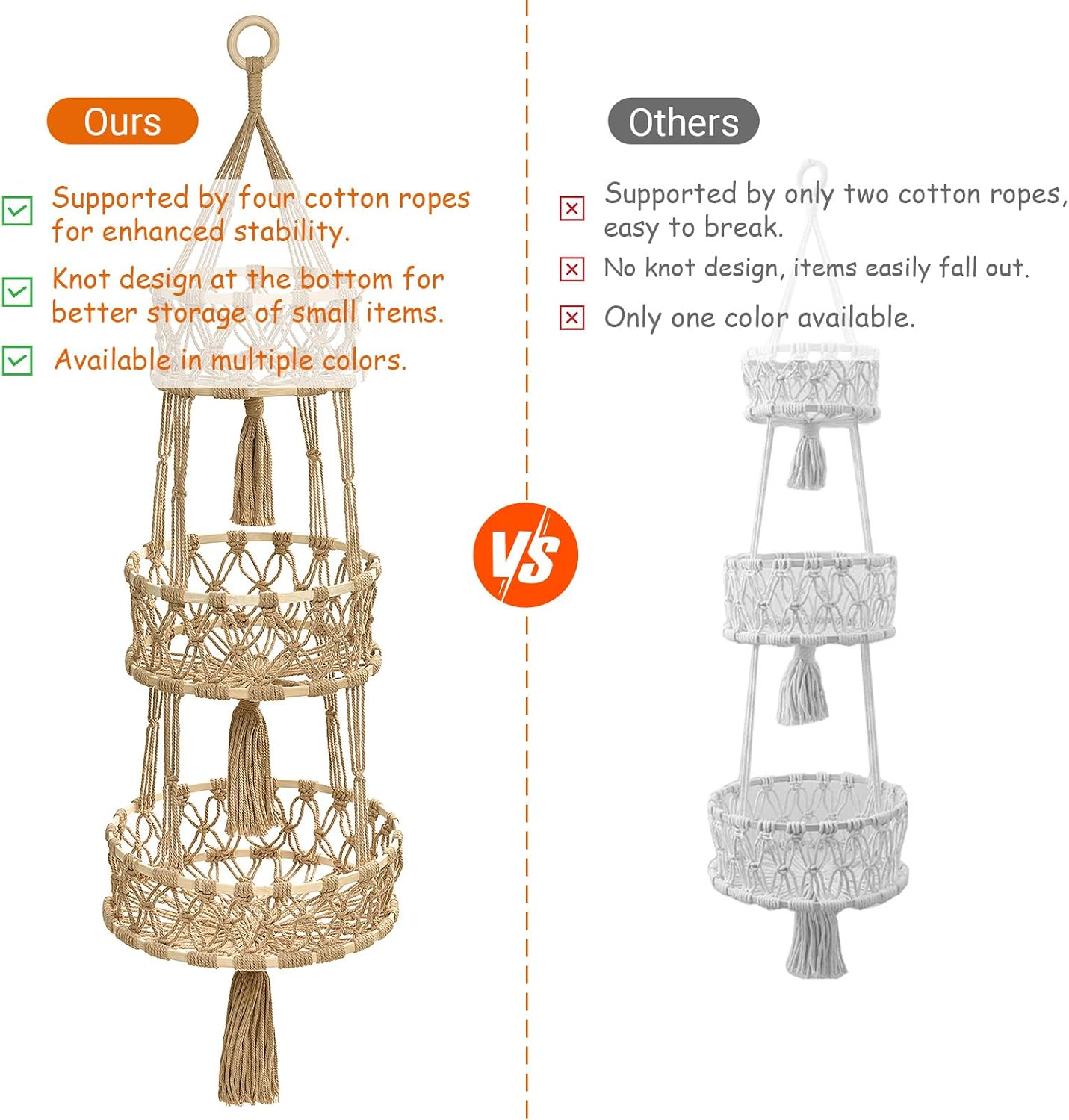 Halidali 3 Tier Hanging Fruit Baskets for Kitchen, Macrame Plant Hanger Cotton Rope Handwoven Hammock Produce Storage Organizer Basket for Plants Holder, Vegetable, Onion, Potato (Linen)