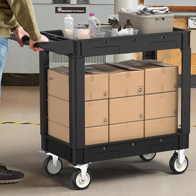 2 Tier Plastic Rolling Cart Utility Cart on Wheels, Heavy Duty Tool Carts - Image 7