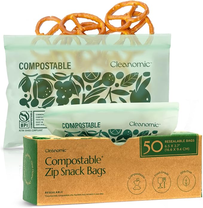 Cleanomic Compostable* Snack Size Food Storage Bags Freezer and Leak Proof by Cleanomic