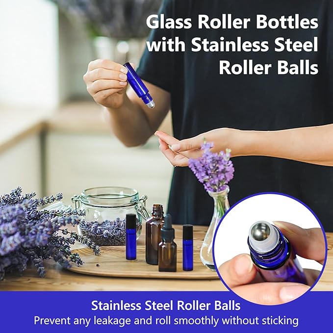 KEYWING 54 Pack Blue Essential Oil Roller Bottles – 10ml Glass Roll-On Bottles - Image 5