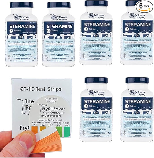 Pack of 6 Steramine Sanitizing Tablets w/ 30x QT-10 Test Strips by FryOilSaver by THEFRYOILSAVERCOMPANY