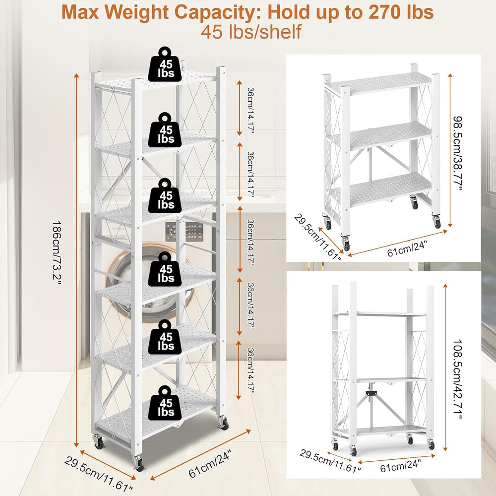6-Tier Foldable Storage Shelves with Wheels, Folding Metal Shelf Unit