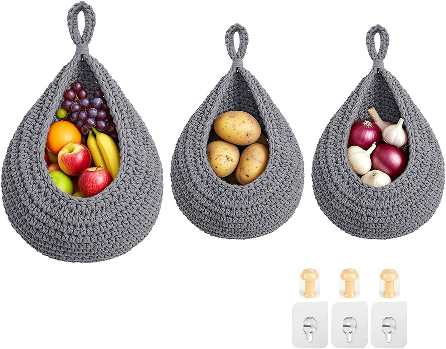 Halidali Hanging Fruit Baskets for Kitchen, 3 Pack Wall Storage Organizer | Boho Cotton Rope Handwoven Vegetable Basket for Farmhouse Decor, Storage Onion, Potato, Garlic