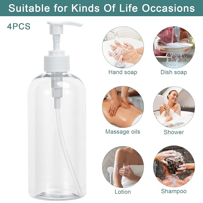 Yebeauty Plastic Pump Bottle, 4 Pack 17oz/500ml Stylish Shampoo Bottles - Image 5
