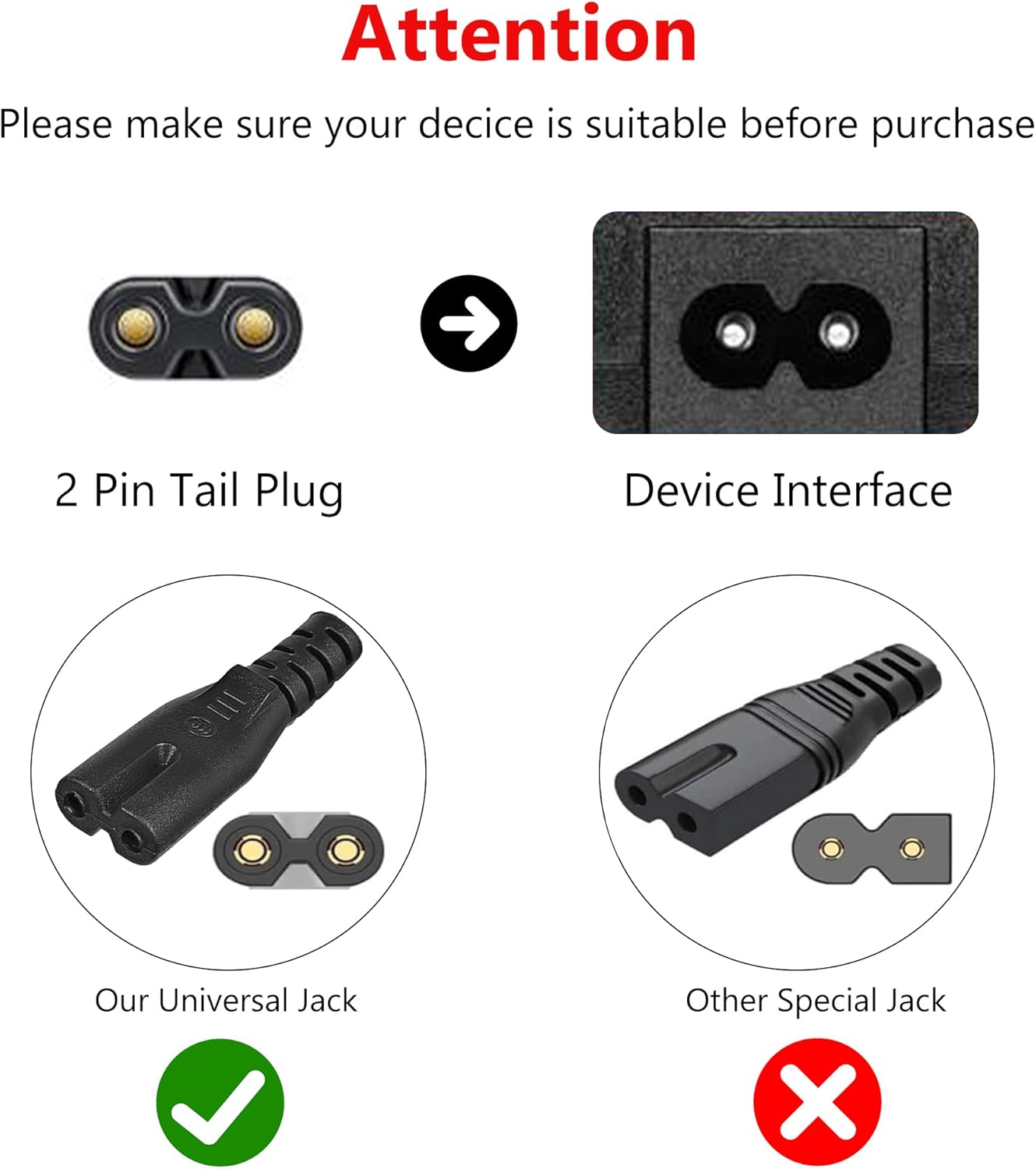 6.6Ft AC Power Cord for Electric Recliner, power supply cord replacement Okin, Limoss, Lazboy, Pride, Berkline electric chair lift, electric scooter, adjustable bed parts, 2 Prong US Plug cable