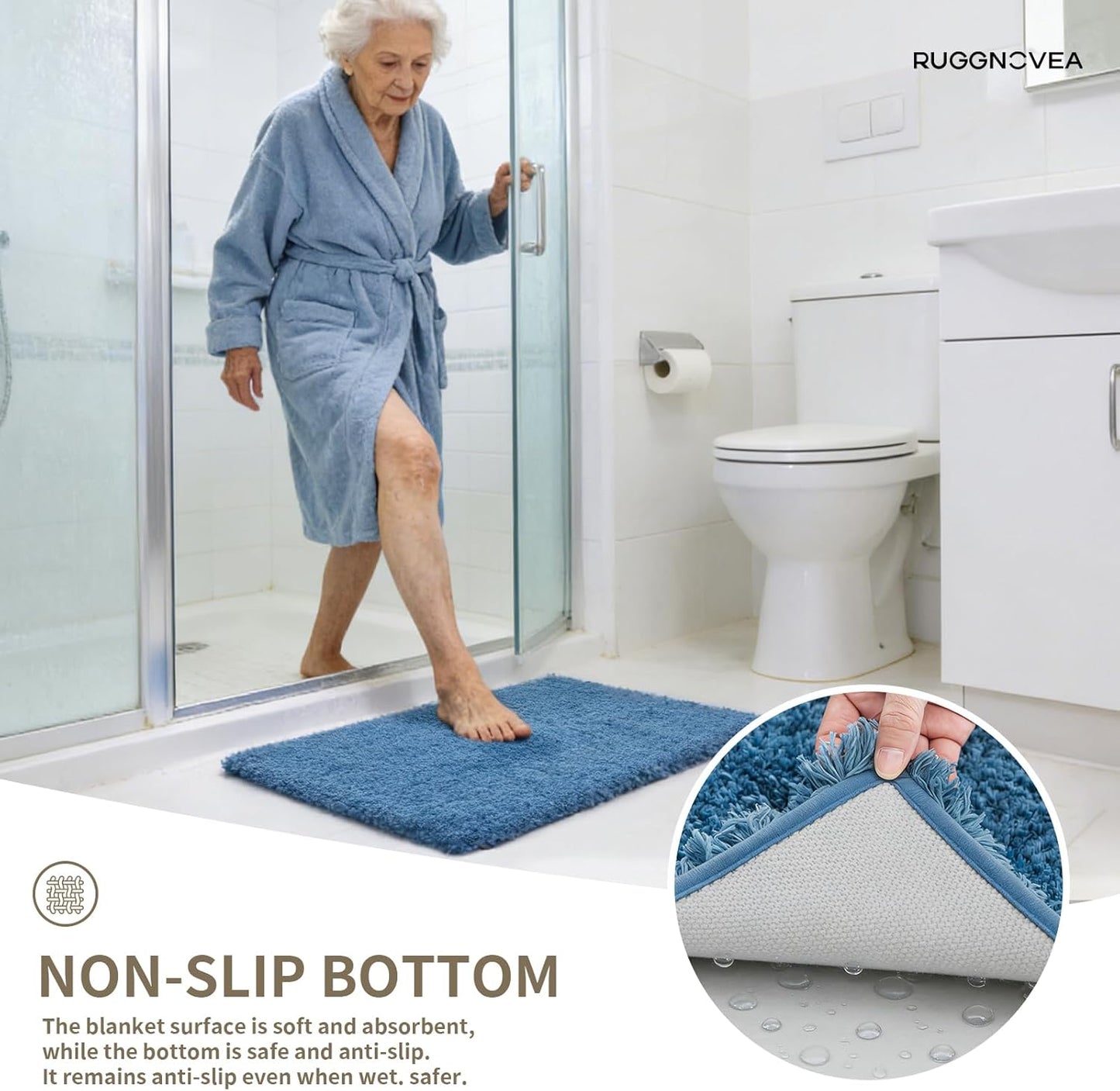Bathroom Rugs Non Slip Washable, Ultra Thick Soft Microfiber Absorbent Bath Mats, High Density Foam Latex Non Slip Backing Bath Rugs, Fluffy Floor Carpet for Tub&Shower 24x17, Blue