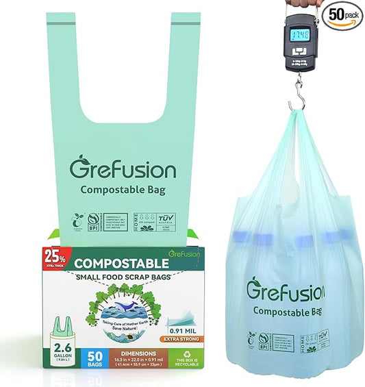 Compostable Trash Bags with handle-tie, Garbage Bags, 2.6 Gallon, Food Waste by GreFusion