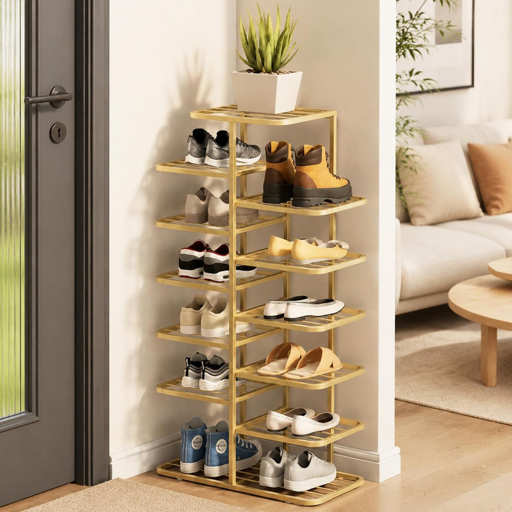 JSWHYBD Gold Shoe Rack Tower, Narrow Metal Organizer for Small Spaces