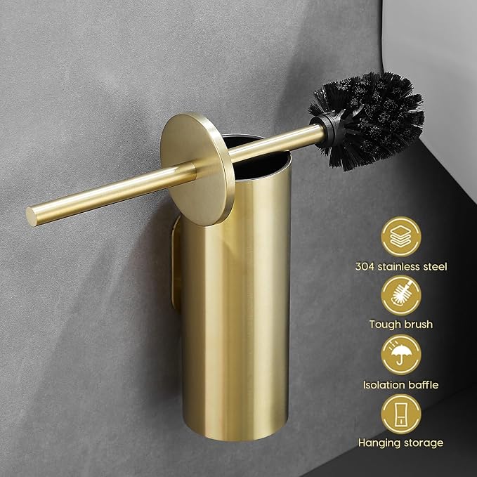 Gold Brushed Stainless Steel Toilet Brush and Cover, No-Punch Hook Base Dual - Image 9
