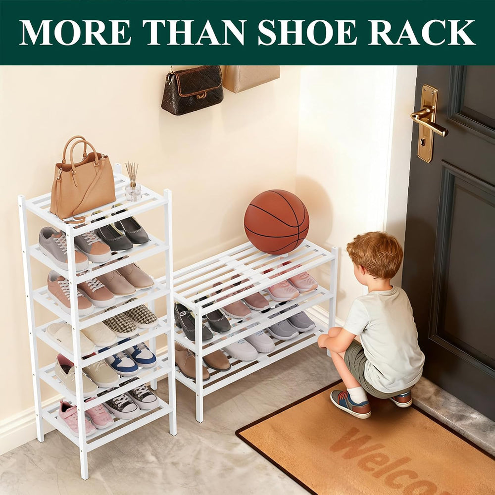 Smiry Bamboo Shoe Rack, 5 Horizontal Slats, 3 Tier - 26.8" Wide, White