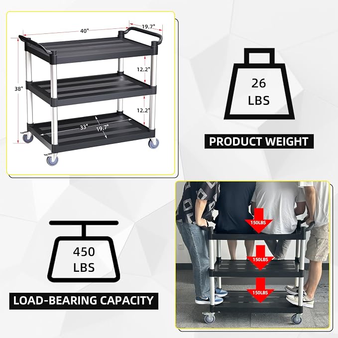 Plastic Utility Cart with Anti-Tangle Wheels, Solid Armrests, 450 Lbs Heavy - Image 2