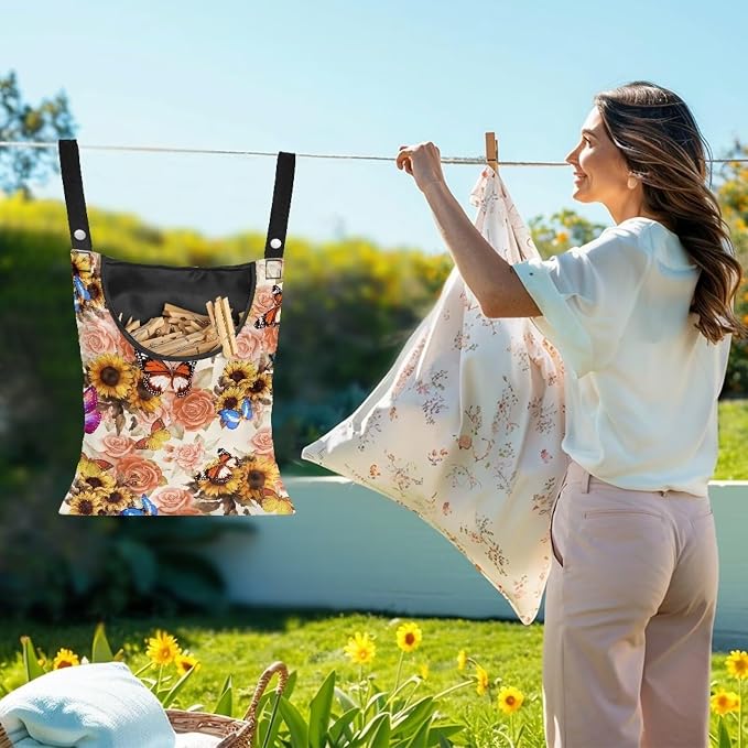 Butterfly Clothespin Bag with Hanging Sunflowers Rose Hook Waterproof Clothes - Image 2