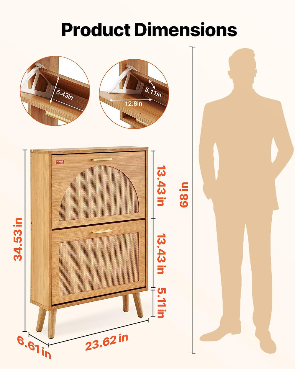 VEVOR Shoe Cabinet with 2 Flip Drawers, Shoe Storage Cabinet for Entryway, Fr...