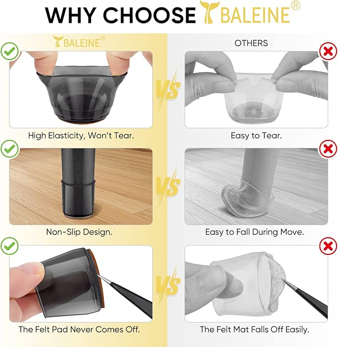BALEINE 32 Pack Silicone Chair Leg Floor Protectors, Stool Leg Protectors Cap - Image 3