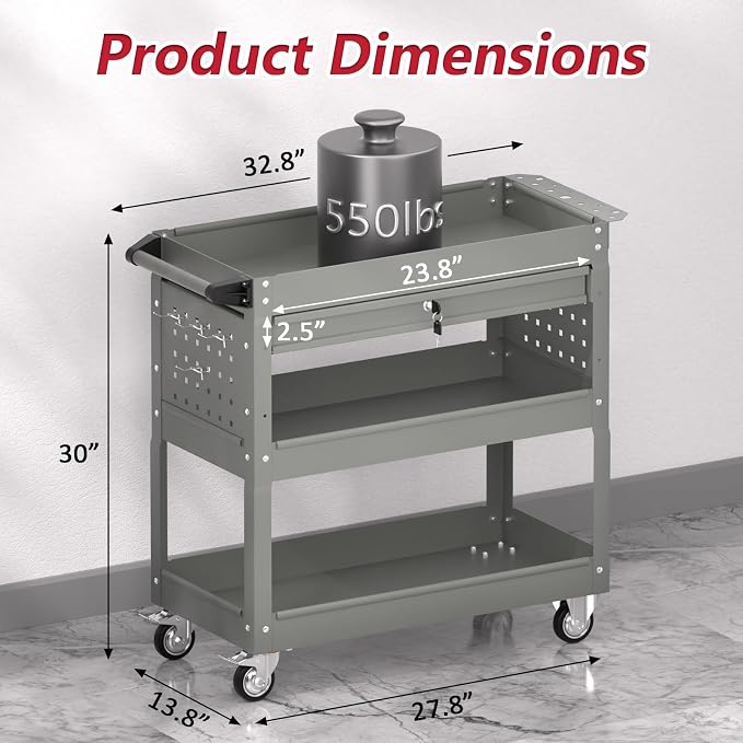 3 Tier Rolling Tool Cart on Wheels, Heavy Duty Industrial Utility Cart Service - Image 3
