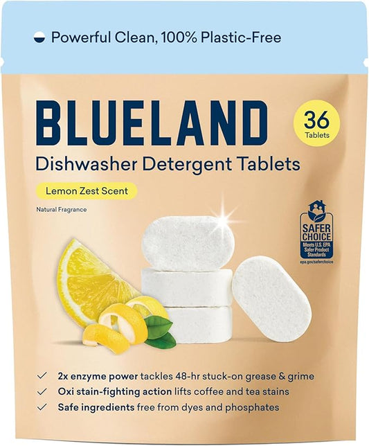 BLUELAND 100% Plastic-Free Dishwasher Detergent Tablets, Lemon Zest Scent by BLUELAND