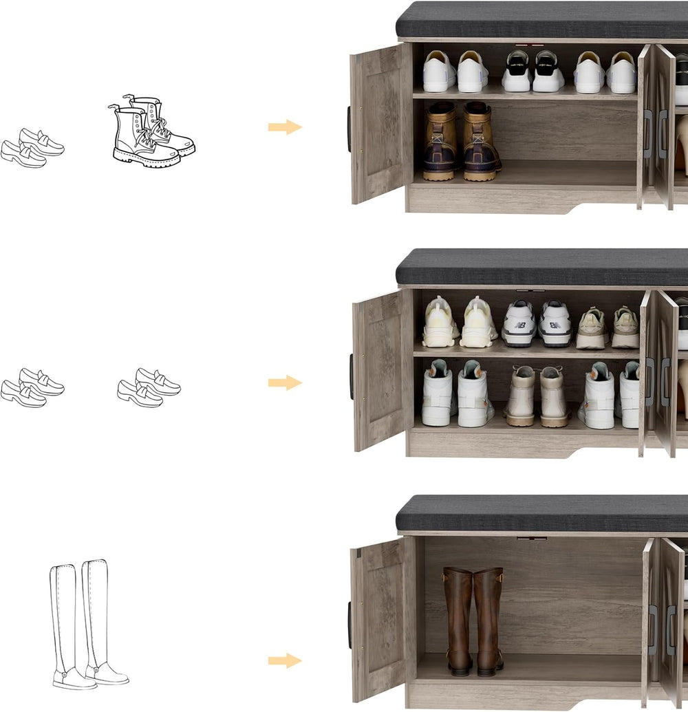 HOMSHO Farmhouse Shoe Storage Bench with 4 Barn Doors & Padded Seat Cushion