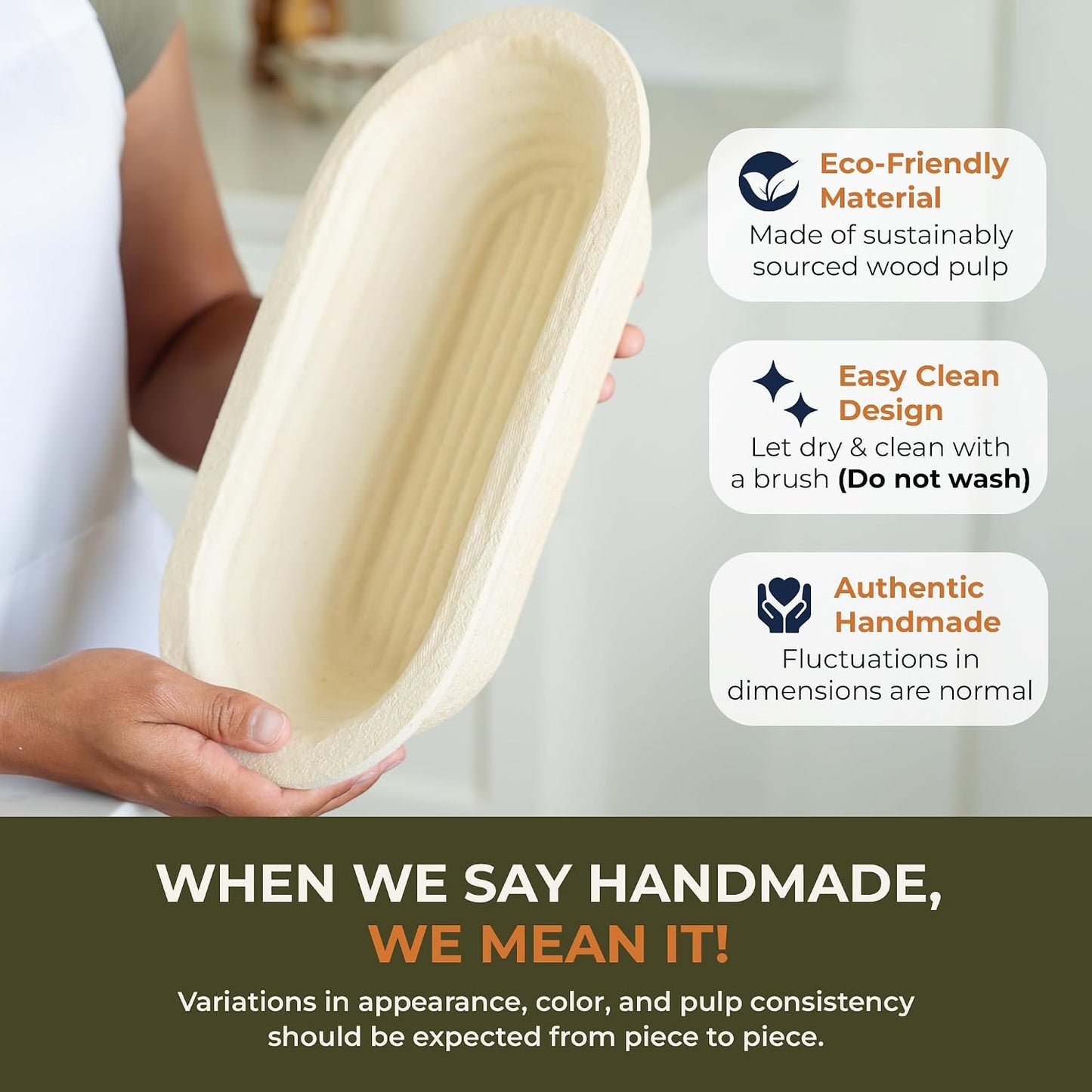 Sourdough Banneton Bread Proofing Basket 11.4" Oval Groove 750g | 11.4 x 5.3 x 2.4in oval, holds 800 to 900g dough, bakes a 750g batard, spruce wood pulp, handmade in Germany