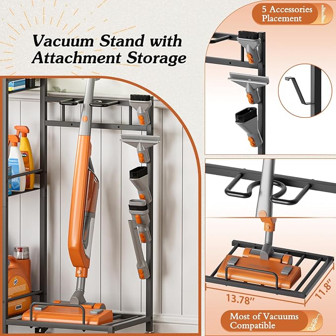 Broom Holder with Cleaning Supplies Organizer, Broom Closet Storage Cabinet