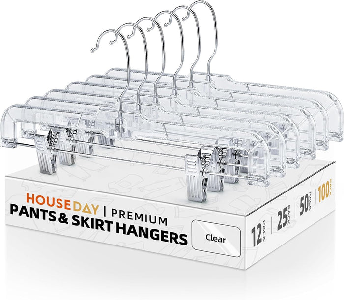 HOUSE DAY 100 Pack Plastic Skirt Hangers, 14'' Non Slip Clip Hangers