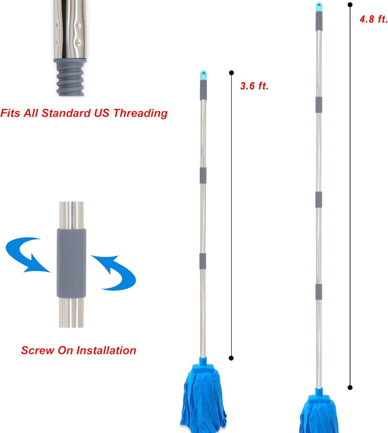 EaseYourDay Microfiber String Mop, 5.2ft. Stainless Steel Pole, 2 Mop Heads