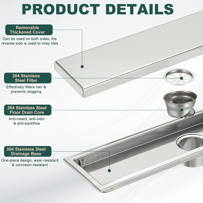 uxcell Rectangular Shower Drain, Brushed 304 Stainless Steel Odor-Proof Floor - Image 3