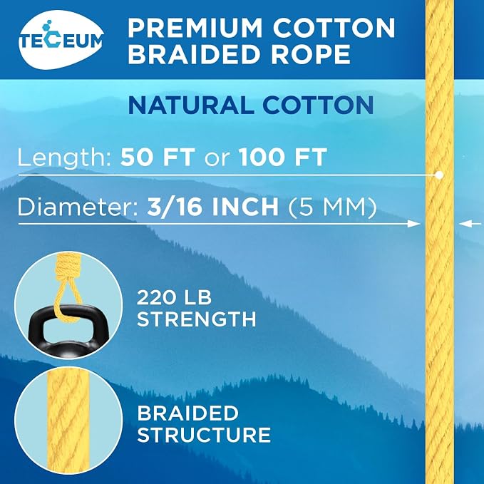 TECEUM Cotton Rope 3/16” – 100 FT – Strong All-Purpose Braided Rope – Natural - Image 2