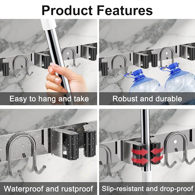 Mop Broom Holder Wall Mount, 2 Packs Silver Stainless Steel Tool Storage - Image 4