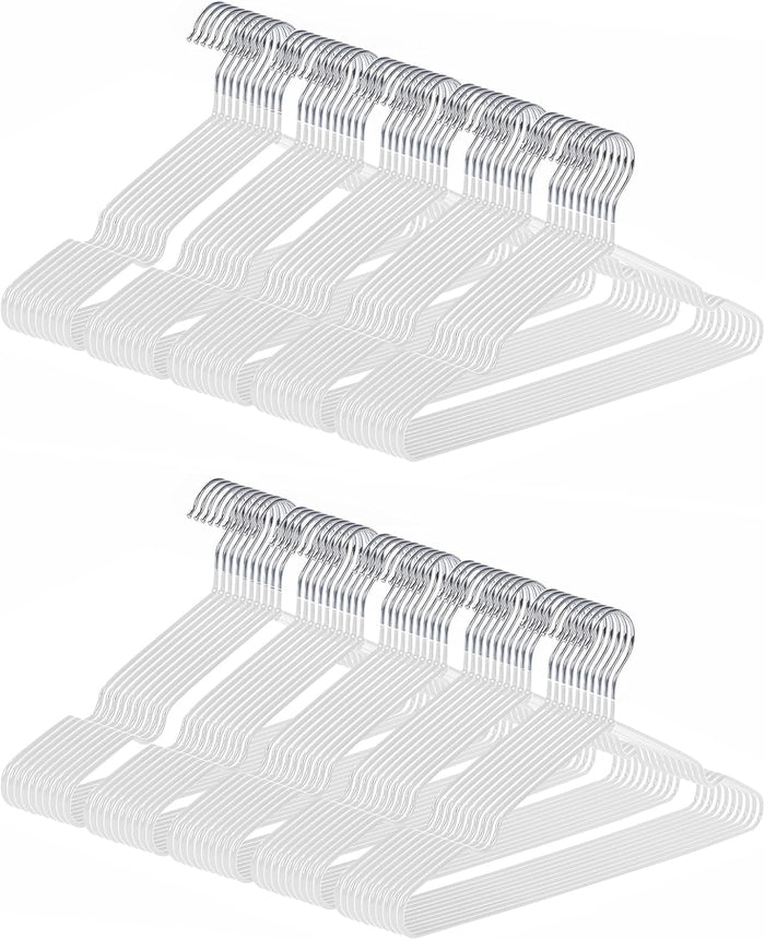 Ultra-Thin Metal Hangers, 100 Pack Non-Slip PVC Coated Space Saving Clothes Hangers for Closet, 16 inch Wide for Suits, Dresses, Jackets（White）