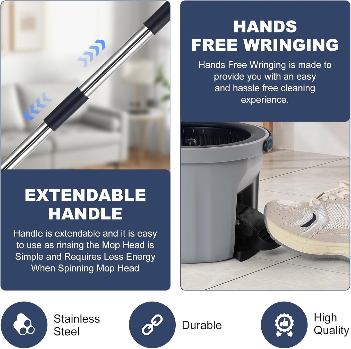 Spin Mop and Bucket Set 180° Swivel Mop Head Adjustable Telescopic Handle Dual Chamber Bucket 3 Refills Dual-Action Wringing Hand-Press Foot-Peda Hands-Free Self-Cleaning System for All Floor Types