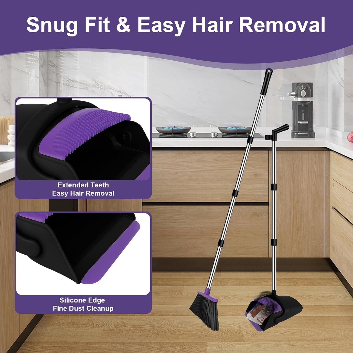 Broom and Dustpan Combo Set, 51" Long Handle Broom with Squeegee | Wet & Dry Cleaning for Pet Areas, Built-in Comb Dustpan, Foldable Space-Saving Storage, Multi-Surface Floor Cleaning