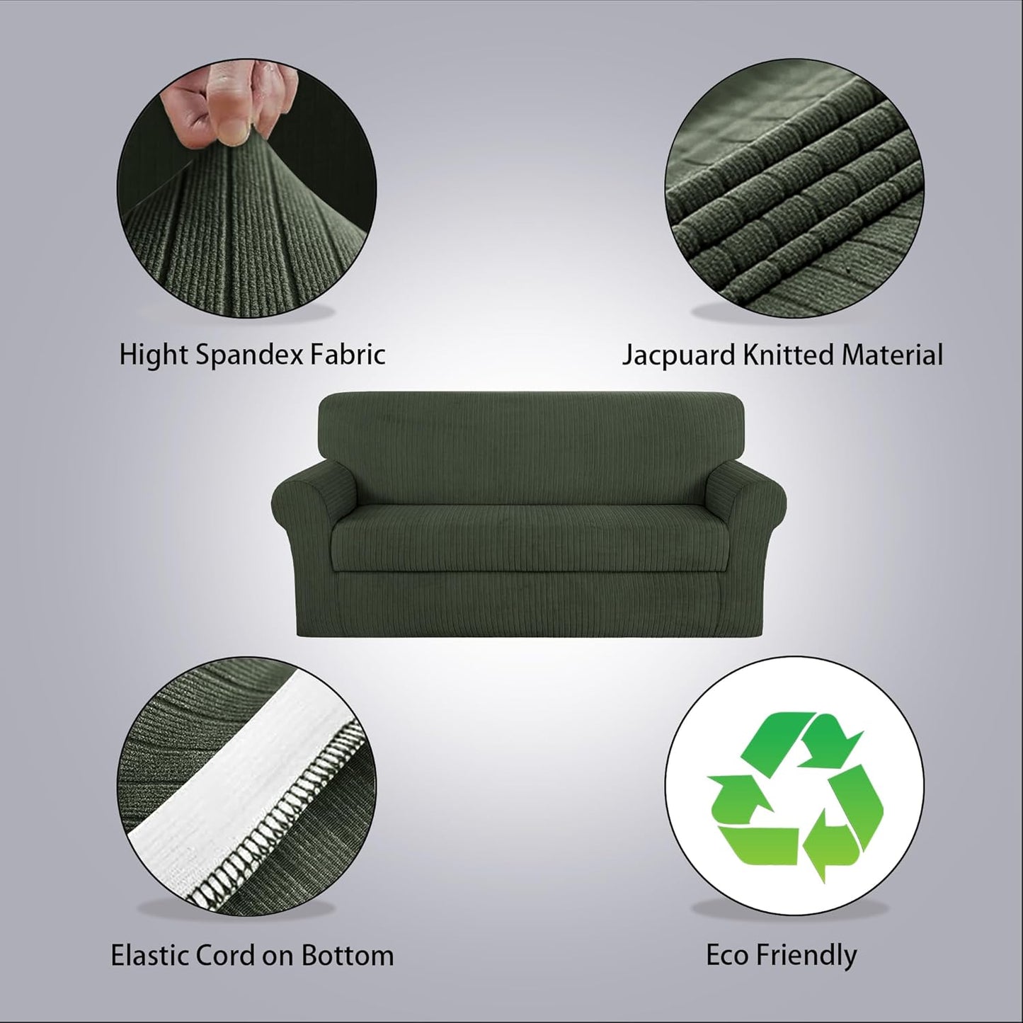 Sofa Cover Stretching Skid Resistance Couch Cover for Pets Washable, Thick and Durable Soft High Spandex Striped Pattern Sofa Covers, Form Fitted Sofa Slipcover(Sofa, Green)