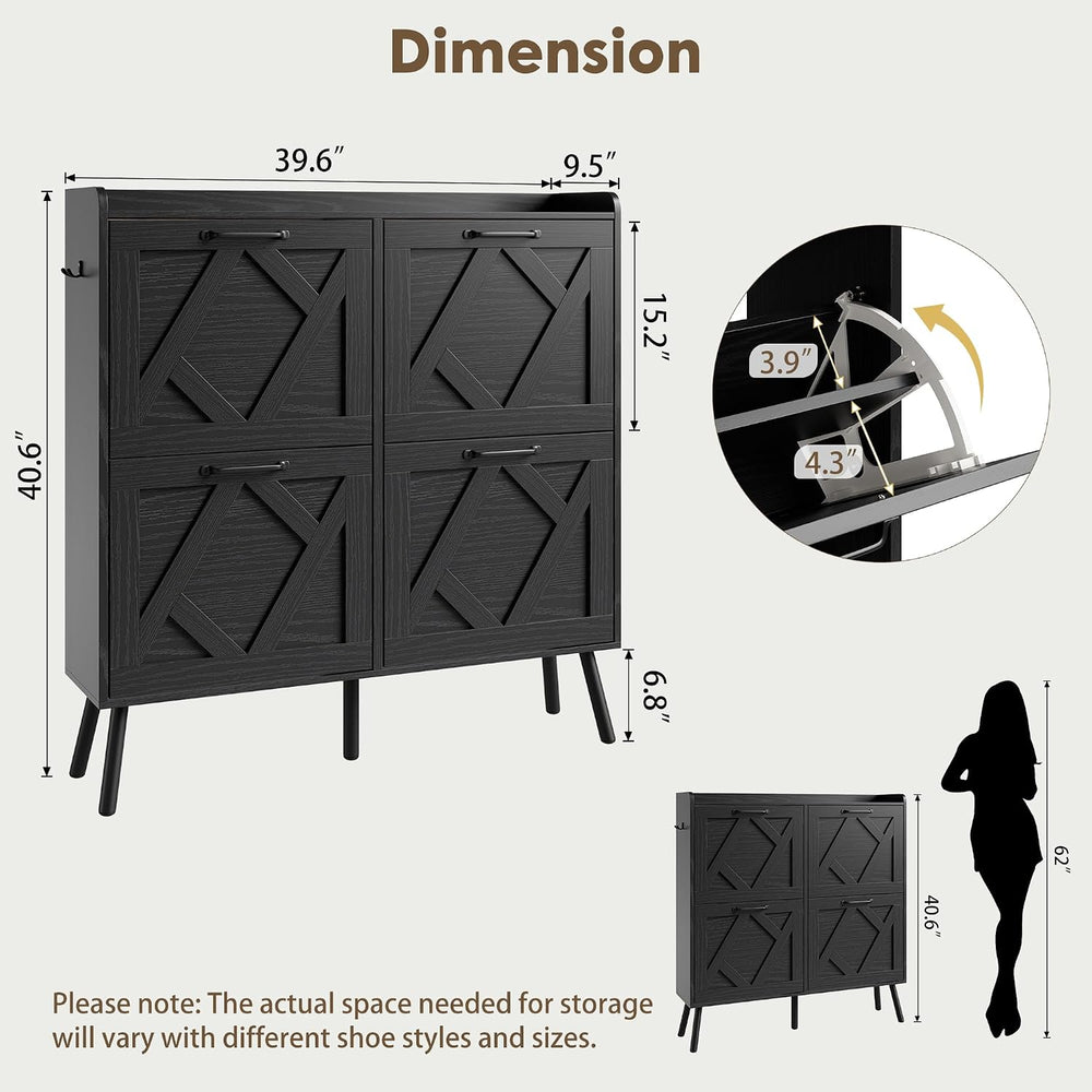Nicetree Shoe Cabinet with 4 Flip Drawers, Hidden Shoe Rack Cabinet with Meta...