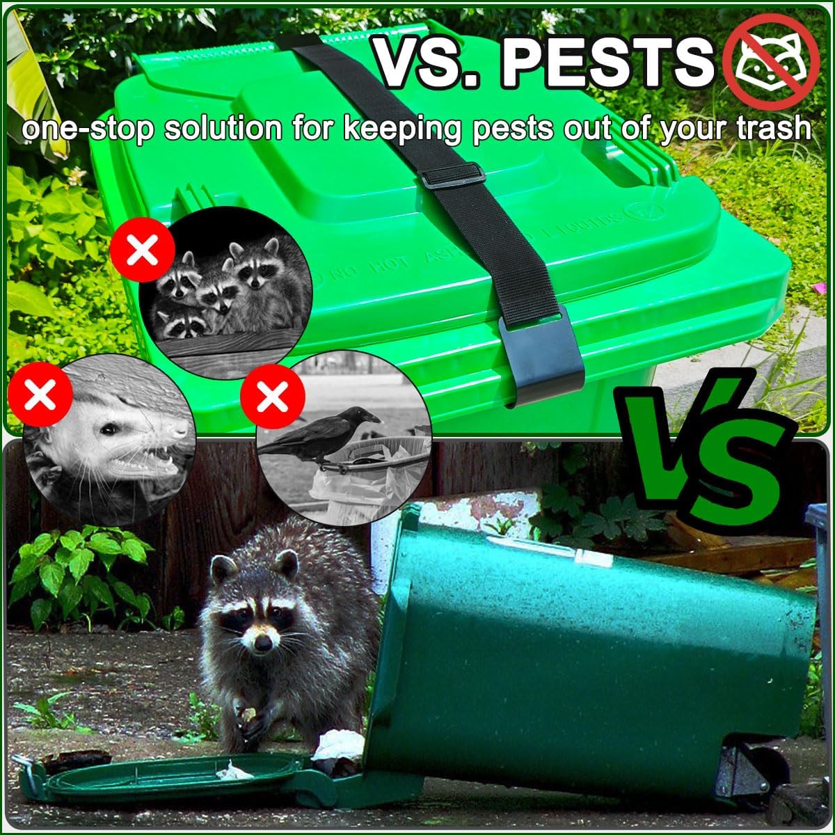 1PC Metal & Rubber Double-Claw Trash Can Bin Lid Lock Straps for Animals, Outdoor Raccoon Garbage Can Bin Lid Locks Bungee Cord for 28-96 Gallons, Black Hooks - Patented Pending