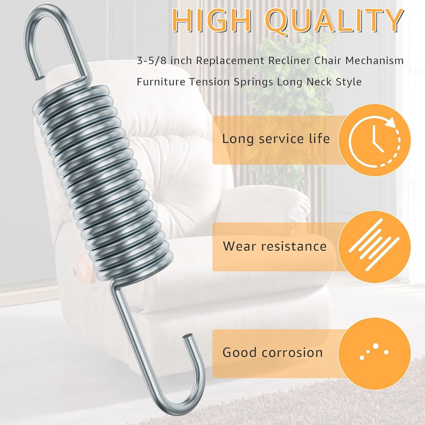 3-5/8 Inch Replacement Recliner Chair Mechanism Furniture Tension Springs Long Neck Style ，Long Neck Hook Style-Recliner Replacement Parts-3.46 Inch Inside Hook to Hook (Silver White 2Pcs)