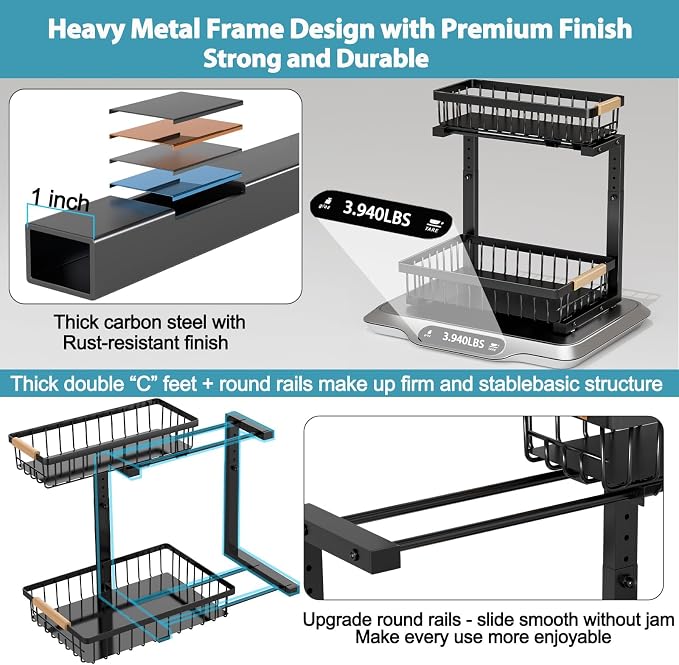 Under Sink Organizer Storage 2 Pack, 2 Tier Slide Out Height Adjustable Pull - Image 5
