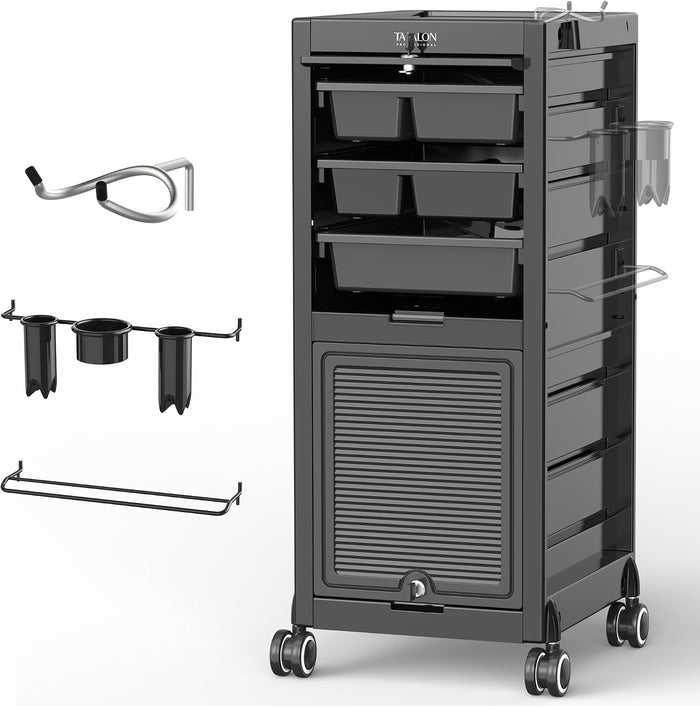 TASALON Lockable Salon Trolley, 6-Drawer Rolling Beauty Cart with Tool Holders, Mobile Hair Stylist Station with Locking Doors & Wheels, Black