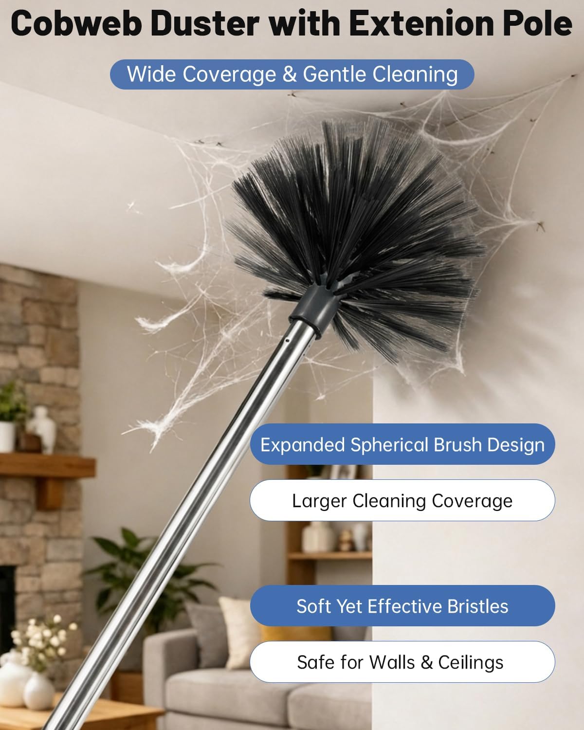 Practical 3 in 1 Dusters Kit for Cleaning, Efficient Duster with Extension Pole, Upgraded High Ceiling Fan Cleaner Duster, Easy Washable Spider Cobweb Brush Duster for Blinds/Wall/Tight Spaces