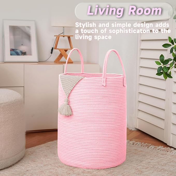 Large Woven Laundry Basket Hamper, 60L Cotton Rope Storage Bin - Image 3