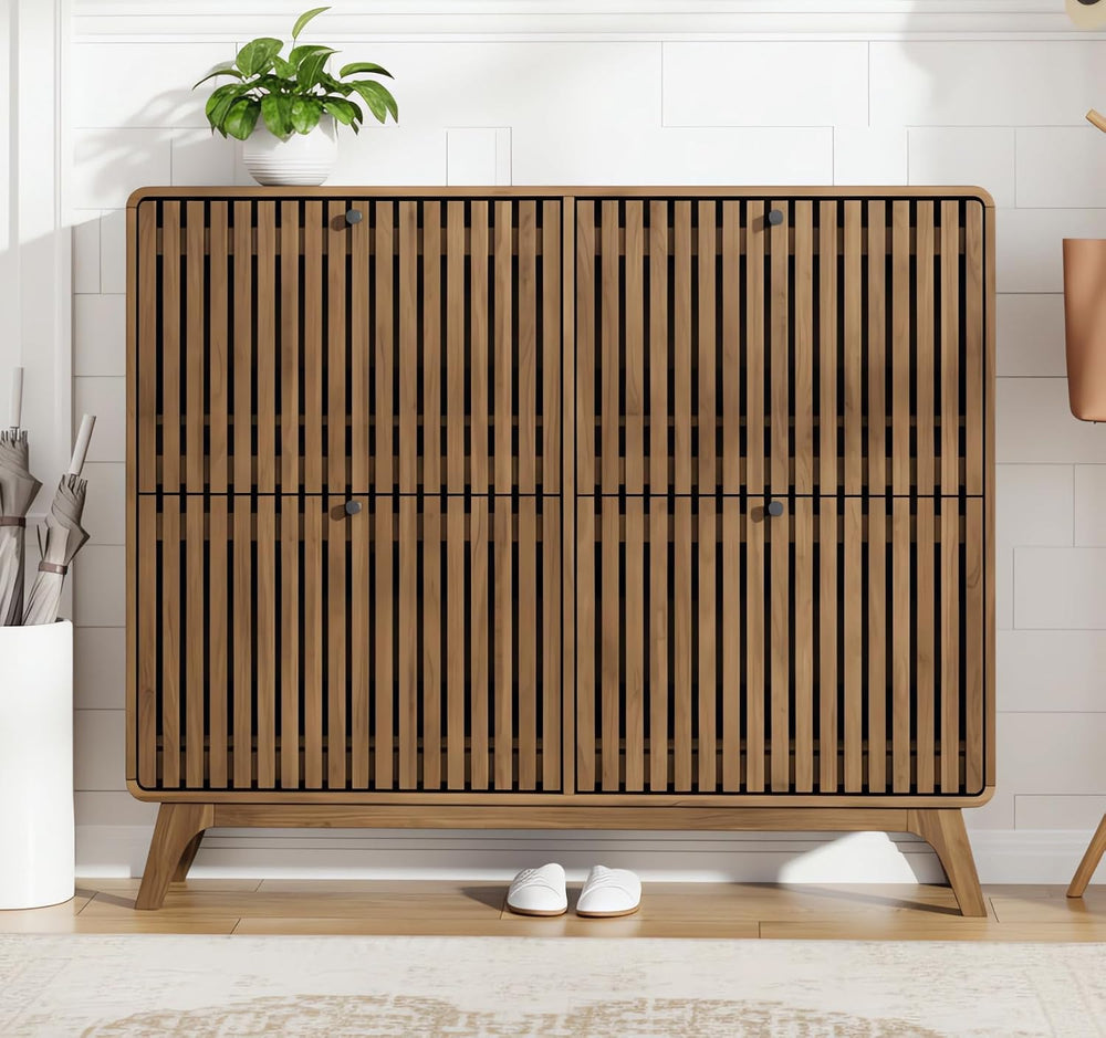 Jluomei Large Shoe Cabinet for Entryway, Bamboo Narrow Shoe Cabinet Storage w...