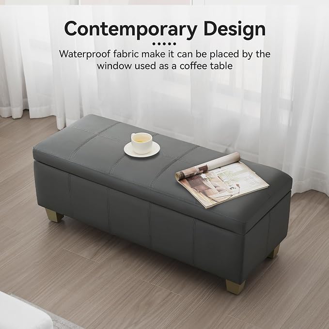 41" Faux Leather Storage Ottoman, Stitch Tufted Rectangle Upholstered End of - Image 7