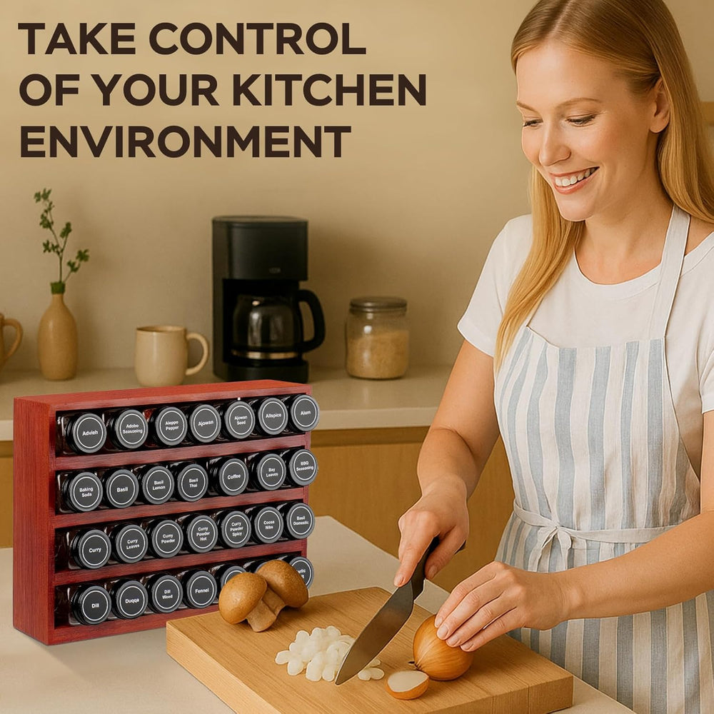 Bamboo Spice Rack Organizer with 28 Glass Spice Jars 4 oz Set Cherry Stain