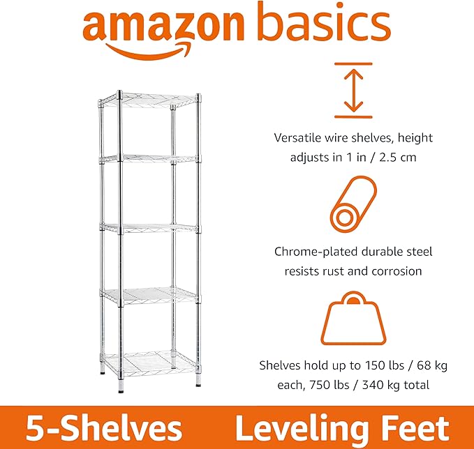 Amazon Basics 5-Shelf Tower Adjustable Storage Shelving Unit, 16 D x 16 W x 54 - Image 2