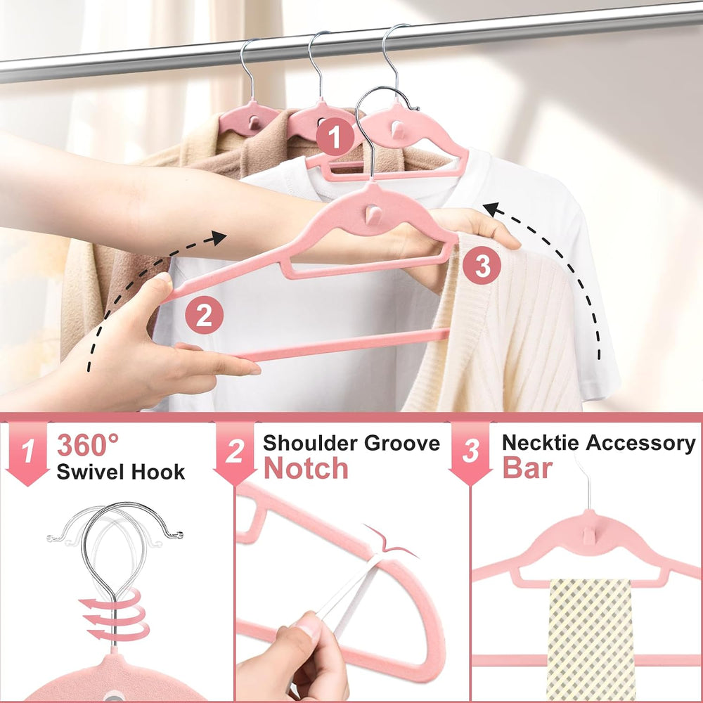 Velvet Felt Stackable Hangers 50 Pack, Thin & Space Saving, Pink