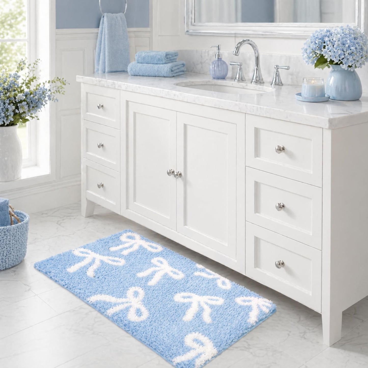 Tinideya Blue Bow Bathroom Rug 20 x 32 Inch Coquette Bath Mat Non Slip Absorbent Microfiber Floor Mat Machine Washable Cute Bow Rug for College Dorm Vanity Bedroom Bathroom Decor